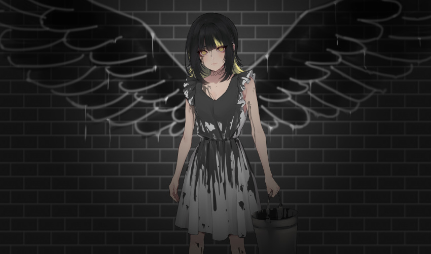 1girl a01macaron absurdres bangs black_hair blonde_hair brick_wall bucket closed_mouth drawn_wings dress graffiti highres idolmaster idolmaster_shiny_colors ikaruga_luca looking_at_viewer medium_hair multicolored_hair paint_can paint_splatter solo stain stained_clothes standing white_dress yellow_eyes
