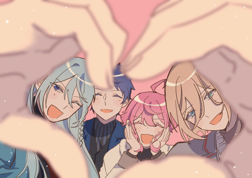 4boys ahoge aqua_eyes bangs blonde_hair blue_eyes blue_hair braid closed_eyes commentary_request ensemble_stars! fine_(ensemble_stars!) fushimi_yuzuru hair_between_eyes hands_on_own_cheeks hands_on_own_face heart heart_hands heart_hands_duo hibiki_wataru highres himemiya_touri light_blue_hair light_blush long_hair long_sleeves multiple_boys one_eye_closed open_mouth partial_commentary pink_background pink_hair short_hair single_braid smile tenshouin_eichi user_wuzt2883