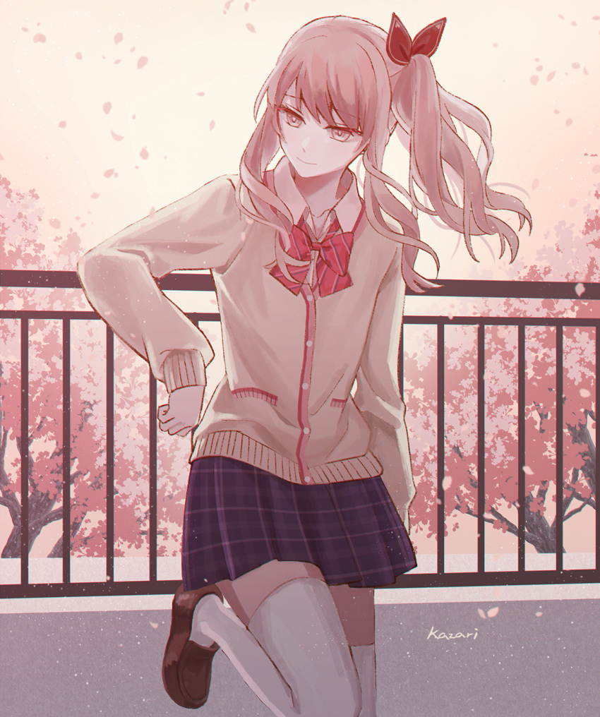 1other against_railing akiyama_mizuki artist_name bangs bow bowtie brown_footwear cardigan cherry_blossoms closed_mouth collarbone collared_shirt day elbow_rest falling_petals hair_bow hair_ornament highres kazari_(kazaliecho) leaning_on_rail loafers long_hair long_sleeves looking_away open_collar outdoors petals pink_eyes pink_hair pink_theme plaid plaid_skirt pleated_skirt pocket project_sekai purple_skirt railing red_bow red_bowtie red_trim romaji_text school_uniform shirt shoes side_ponytail skirt solo striped striped_bow striped_bowtie thighhighs tree wavy_hair white_thighhighs yellow_cardigan