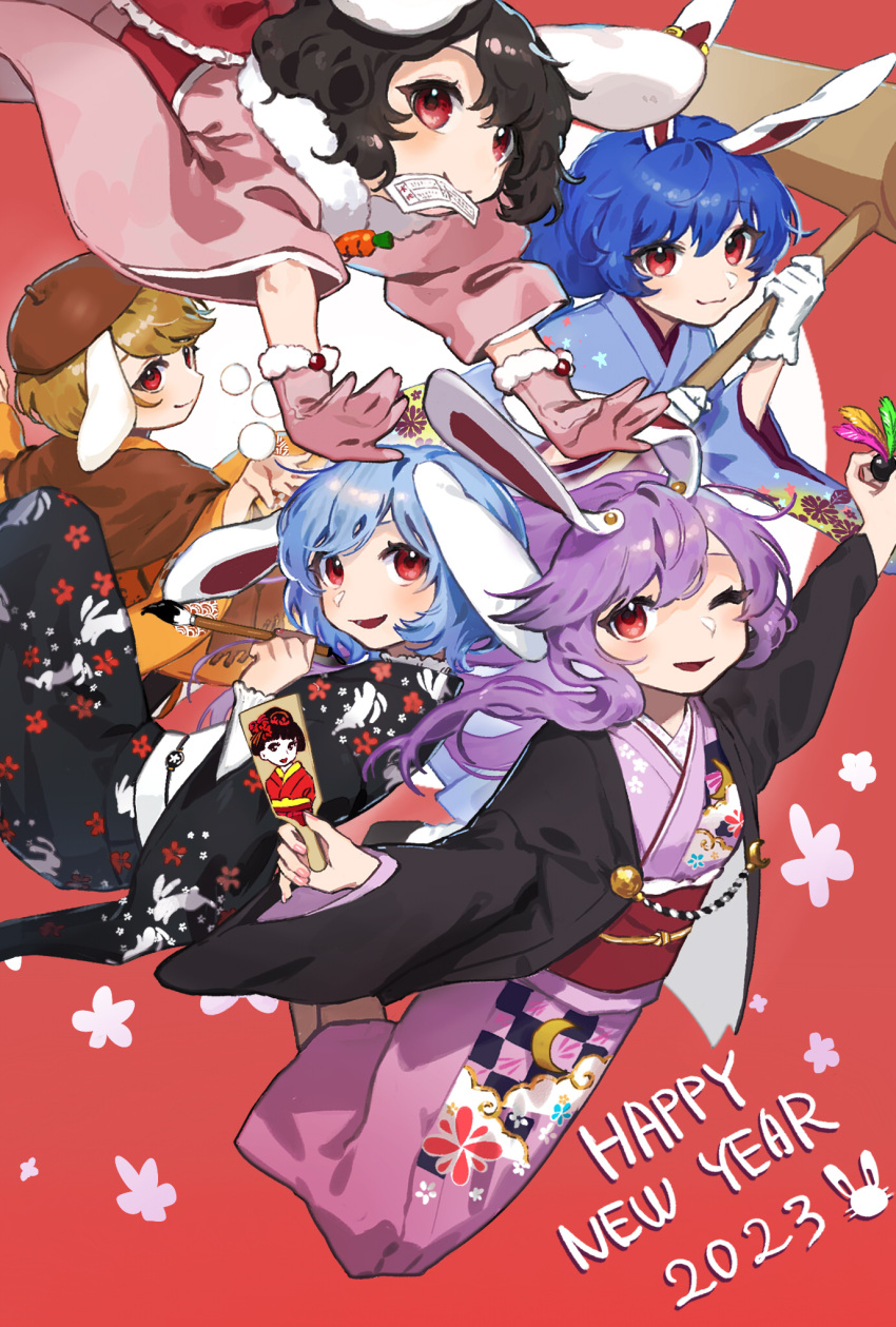 2023 5girls animal_ears black_hair black_kimono blonde_hair blue_hair blue_kimono brown_headwear cabbie_hat chinese_zodiac closed_mouth dango floppy_ears floral_print food gloves hagoita hair_between_eyes hanetsuki happy_new_year hat highres holding inaba_tewi japanese_clothes kimono kine long_hair long_sleeves mallet multiple_girls one_eye_closed open_mouth orange_kimono paddle pink_kimono print_kimono purple_hair rabbit_ears red_eyes reisen_(touhou_bougetsushou) reisen_udongein_inaba ringo_(touhou) seiran_(touhou) short_hair smile teruteru_(teru_teru) touhou wagashi white_gloves wide_sleeves year_of_the_rabbit