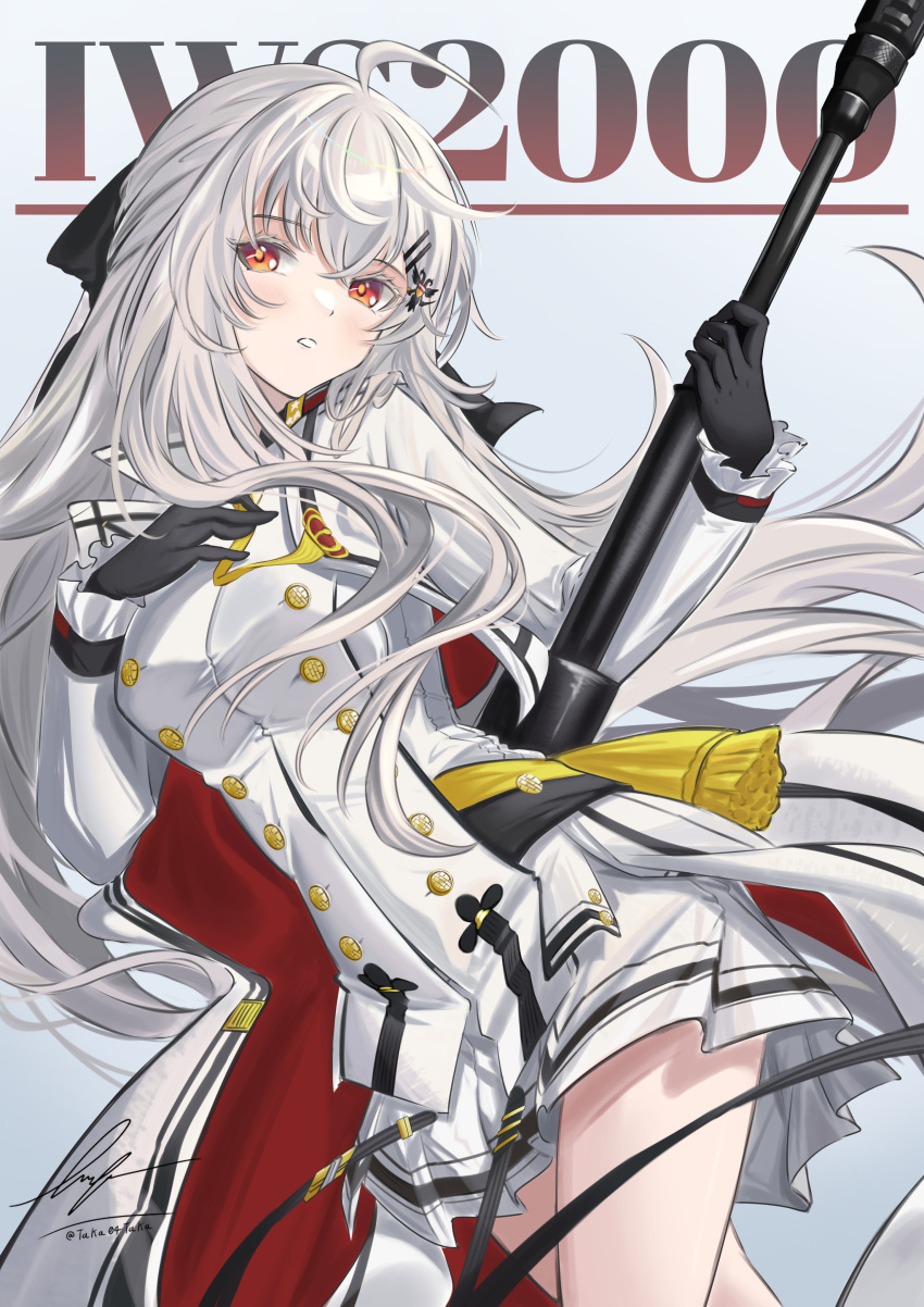 1girl absurdres ahoge anti-materiel_rifle artist_name black_gloves buttons collared_jacket double-breasted girls'_frontline gloves gun hair_ornament hair_ribbon hairclip hand_on_own_chest highres holding holding_gun holding_weapon iws_2000_(girls'_frontline) long_hair medal red_eyes ribbon rifle signature sniper_rifle steyr_iws_2000 unitaka weapon white_hair white_uniform