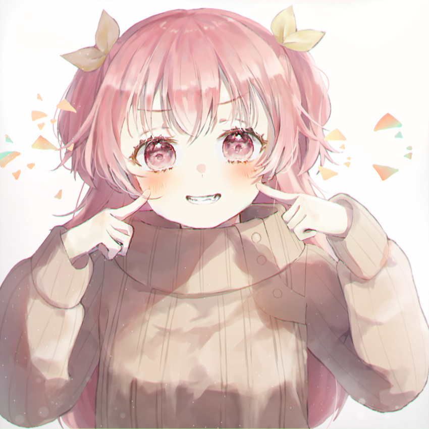1girl baggy_clothes bangs blush finger_to_cheek grey_sweater hair_ornament highres index_finger_raised long_hair long_sleeves looking_at_viewer momoi_airi open_mouth oversized_clothes pink_eyes pink_hair project_sekai shiro_noo simple_background smile solo sweater teeth triangle turtleneck turtleneck_sweater two_side_up upper_body white_background