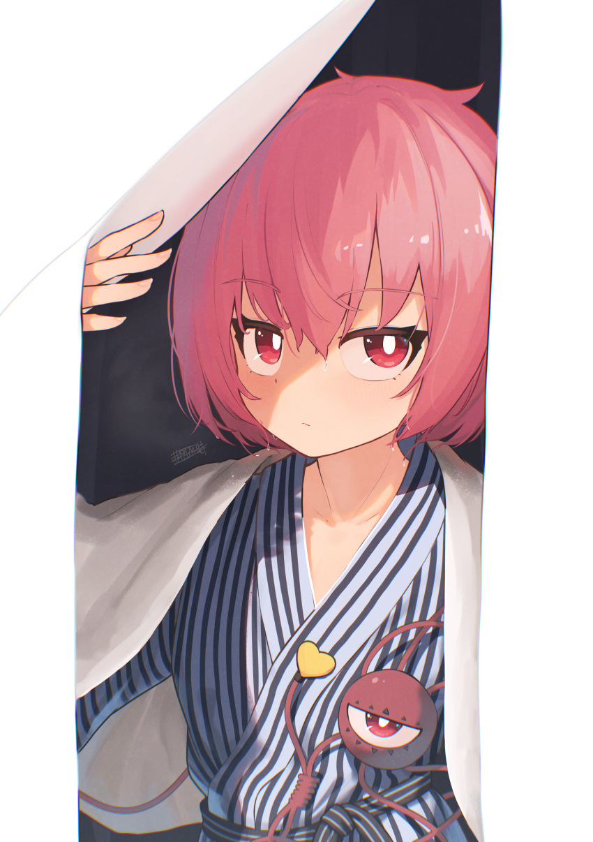 1girl absurdres bath_yukata closed_mouth collarbone eyeball hair_between_eyes highres japanese_clothes kimono komeiji_satori long_sleeves pink_eyes pink_hair senzaicha_kasukadoki short_hair signature solo third_eye touhou upper_body yukata