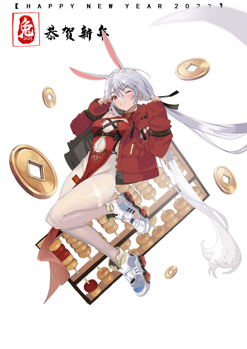 1girl 2023 ;d abacus absurdres animal_ears auguste blush breasts chinese_zodiac coin dress full_body grey_hair grin happy_new_year high-waist_pantyhose highres holed_coin jacket long_hair long_sleeves looking_at_viewer low_twintails medium_breasts one_eye_closed open_clothes open_jacket original pantyhose parted_lips pelvic_curtain rabbit rabbit_ears red_dress red_eyes red_jacket shoes sleeves_past_wrists smile sneakers solo twintails very_long_hair white_footwear white_pantyhose year_of_the_rabbit