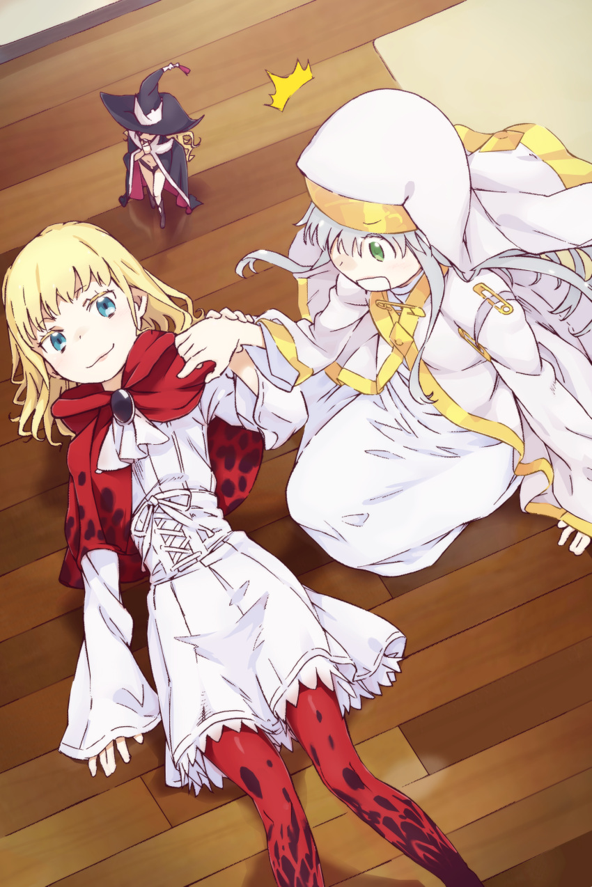 3girls blonde_hair blue_eyes child closed_mouth colorized commentary dot_nose dress fairy fantasy feet_out_of_frame female_child gazing_eye green_eyes grey_hair habit haimura_kiyotaka hat highres holding_another's_wrist index_(toaru_majutsu_no_index) indoors leivinia_birdway long_hair long_sleeves lying medium_hair minigirl multiple_girls novel_illustration nun official_art on_back on_floor open_mouth othinus red_thighhighs seiza sitting smile spoilers surprised thighhighs toaru_majutsu_no_index toaru_majutsu_no_index:_new_testament white_dress white_headwear witch_hat wooden_floor