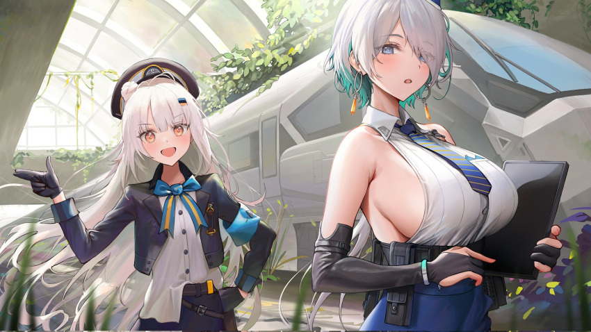 2girls ame_(uten_cancel) armband bangs bare_shoulders belt beret black_gloves black_headwear blue_eyes blue_headwear blue_jacket blue_skirt blush breasts brid_(nikke) bridal_gauntlets clipboard collared_shirt cropped_jacket detached_sleeves earrings garrison_cap gloves goddess_of_victory:_nikke grey_hair halterneck hat high-waist_skirt highres holding holding_clipboard jacket jewelry large_breasts long_hair long_sleeves looking_at_viewer low_ponytail mole mole_on_breast multiple_girls necktie open_clothes open_jacket open_mouth orange_eyes pencil_skirt ponytail pouch shirt sideboob skirt small_breasts smile soline_(nikke) white_hair white_shirt