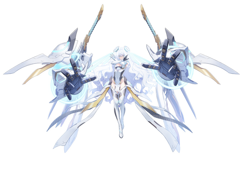 1girl absurdres blue_eyes breasts cleavage counter:side floating floating_object floating_weapon full_body gloves hair_ornament highres honeycomb_(pattern) horizon_(counter:side) long_hair looking_at_viewer mechanical_hands official_art solo sword transparent_background very_long_hair weapon white_hair