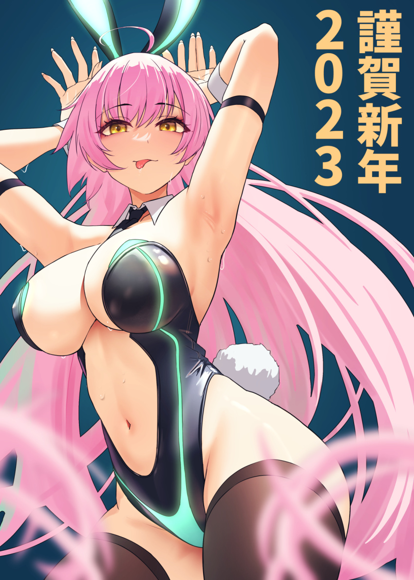 1girl 2023 ahoge animal_ears arm_strap armpits bangs black_leotard black_necktie black_thighhighs blush breasts bunny_pose closed_mouth commentary_request detached_collar fingernails green_background highres large_breasts leotard long_fingernails long_hair looking_at_viewer md5_mismatch navel necktie original partial_commentary pink_hair rabbit_ears rabbit_tail resolution_mismatch simple_background smile solar_(happymonk) solo source_smaller stomach sweat tail thighhighs thighs tongue tongue_out very_long_hair white_wrist_cuffs yellow_eyes