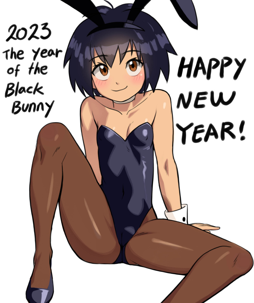 1girl 2023 absurdres animal_ears animification bangs black_footwear black_hair black_leotard blush breasts brown_eyes chinese_zodiac cleavage collar english_text fake_animal_ears happy_new_year highres leotard mangamaster marvel pantyhose peni_parker playboy_bunny rabbit_ears shoes short_hair simple_background sitting small_breasts smile solo spider-man:_into_the_spider-verse spider-man_(series) strapless strapless_leotard white_background wrist_cuffs year_of_the_rabbit