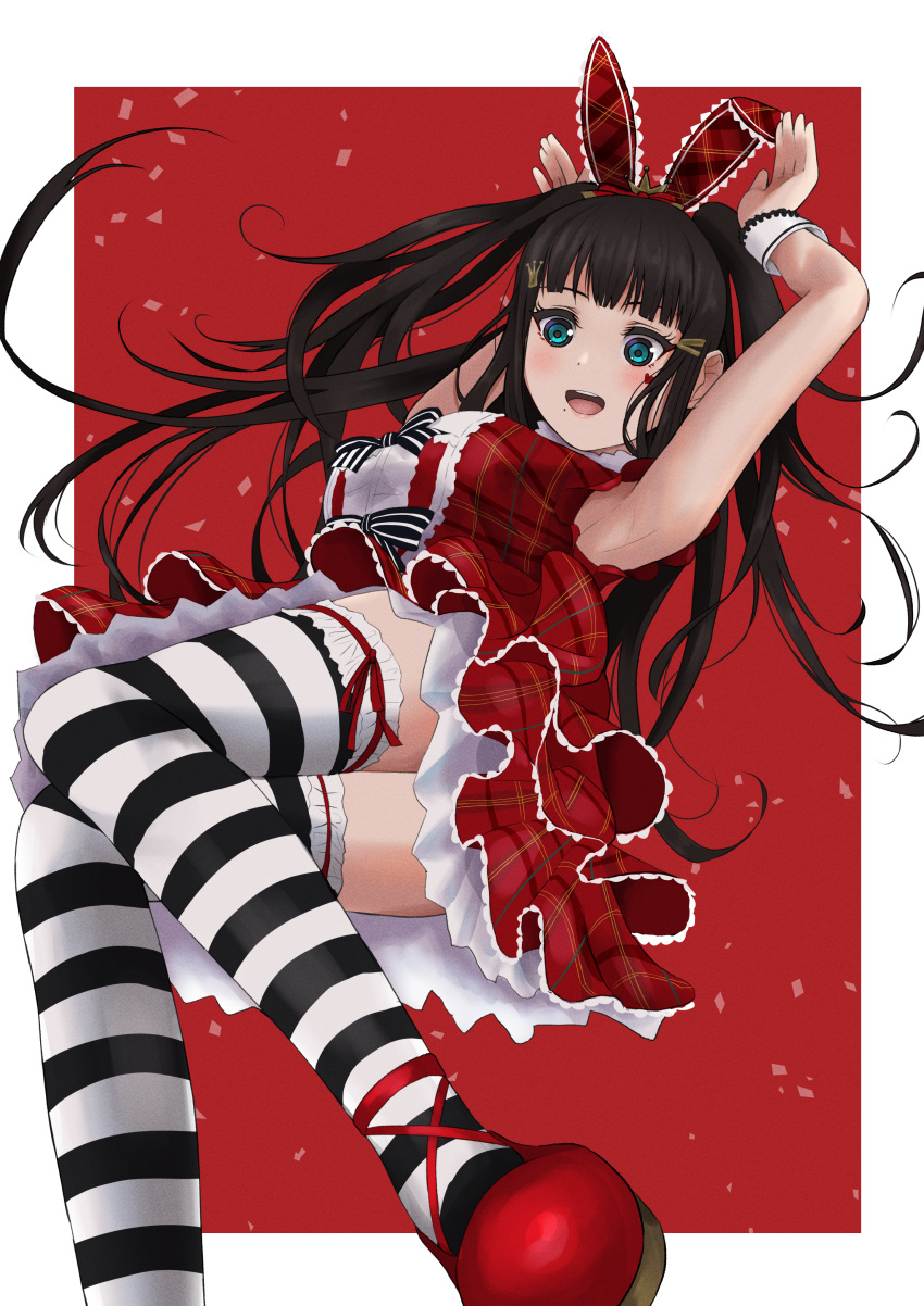 1girl :d absurdres aqua_eyes armpits arms_up bangs black_hair blue_eyes blunt_bangs blush bow breasts bunny_pose checkered_clothes checkered_dress checkered_skirt close-up crown_hair_ornament dress floating_hair frilled_dress frills hair_bow hair_ornament hairband hairclip highres kurosawa_dia long_hair looking_at_viewer love_live! love_live!_school_idol_festival love_live!_school_idol_festival_all_stars love_live!_sunshine!! mary_janes medium_breasts mole mole_under_mouth multicolored_hair open_mouth outside_border plaid plaid_bow plaid_dress red_background red_bow red_dress red_footwear red_hair red_theme ribbon shoes skirt sleeveless sleeveless_dress smile solo striped striped_bow teeth thighhighs two-tone_background very_long_hair virtual_youtuber wrist_cuffs wristband yanase_eiwa