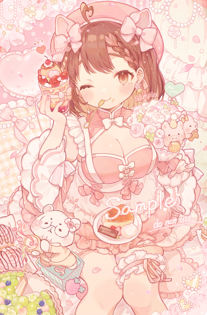 1girl absurdres ahoge amakawa_tamawo animal animal_ears apron bangs bar_(place) beret bouquet bow bowtie braid breasts brown_eyes brown_hair bug butterfly cake cake_slice candy cherry cleavage commission cup detached_collar dress english_text fake_animal_ears fingernails flower food food_request frilled_apron frilled_dress frilled_pillow frilled_sleeves frills fruit gingham glasses hair_bow happy_birthday hat heart heart_ahoge heart_pillow highres holding holding_bouquet holding_cup holding_food holding_party_popper ice_cream ice_cream_float indie_virtual_youtuber jacket kuu_(vtuber) large_breasts light_blush light_brown_hair lollipop looking_at_viewer mole mole_under_eye mouth_hold nail_polish one_eye_closed original pants party_hat pastel_colors petals pie pie_slice pig piglet pillow pink_bow pink_dress pink_flower pink_headwear pink_jacket pink_nails pink_pants pink_ribbon pink_rose pink_theme ribbon rose round_eyewear scrunchie shaped_lollipop short_hair single_braid sitting spoon strawberry thigh_scrunchie thighs virtual_youtuber wavy_mouth white_apron white_bow white_bowtie white_scrunchie wide_sleeves yellow_headwear