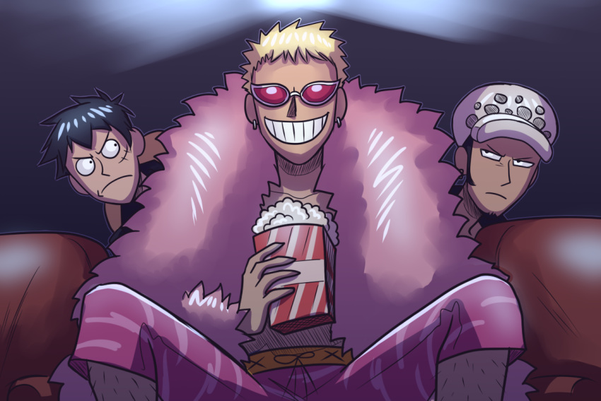 &gt;:( 3boys beard black_hair blonde_hair coat donquixote_doflamingo earrings facial_hair feather_coat food holding holding_food jewelry leg_hair male_focus monkey_d._luffy movie_theater multiple_boys one_piece open_clothes pink_coat popcorn scar scar_on_face short_hair sideburns sitting smile sogekii-heii spread_legs sunglasses teeth trafalgar_law v-shaped_eyebrows white_headwear