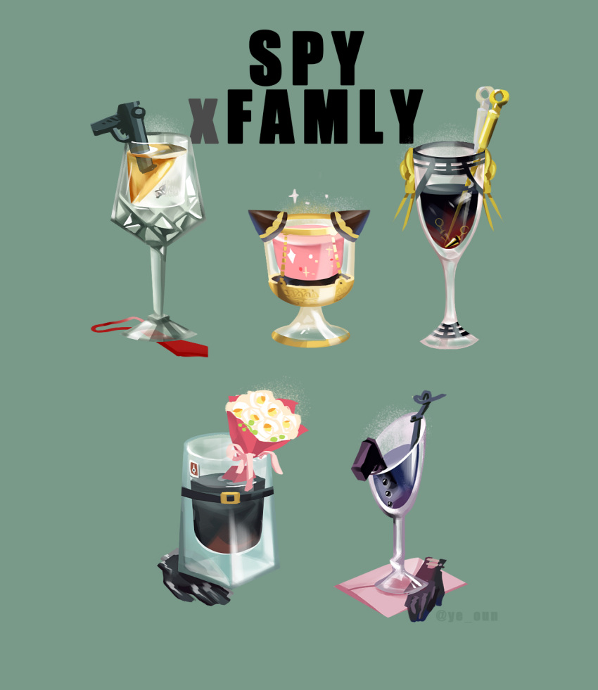 alcohol anya_(spy_x_family) black_gloves bouquet commentary_request copyright_name cup dagger drink drinking_glass envelope fiona_frost flower food_focus foodification glass gloves gloves_removed green_background gun handgun highres knife korean_commentary no_humans objectification simple_background spy_x_family stiletto_(weapon) strawberry_milk twilight_(spy_x_family) twitter_username weapon whiskey white_flower wine wine_glass ye_oun yor_briar yuri_briar