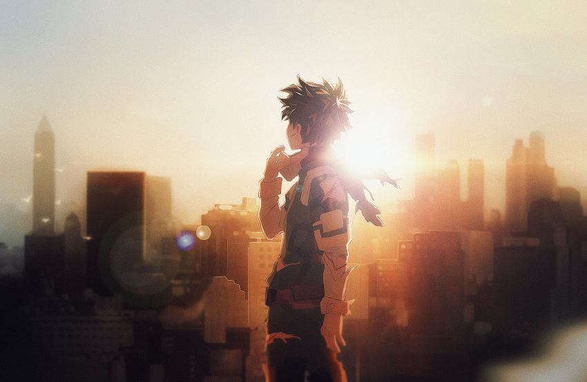 1boy adjusting_clothes arm_at_side atmospheric_perspective belt belt_pouch bird bloom blurry bodysuit boku_no_hero_academia building check_commentary city cityscape commentary_request cowboy_shot cuts depth_of_field floating_clothes from_side gloves green_bodysuit green_hair grey_sky hand_up highres injury juanchun818 lens_flare looking_afar male_focus midoriya_izuku outdoors pouch short_hair solo torn_bodysuit torn_clothes torn_sleeves turning_head utility_belt white_bird white_gloves