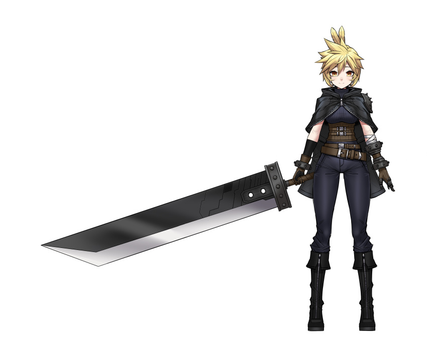 1girl absurdres armor blonde_hair buster_sword clawed_gauntlets cloud_strife cloud_strife_(cosplay) cosplay exaxuxer final_fantasy final_fantasy_vii highres hololive hololive_english looking_at_viewer nanashi_mumei parody shoulder_armor sleeveless sleeveless_turtleneck smile solo spiked_hair turtleneck virtual_youtuber yellow_eyes