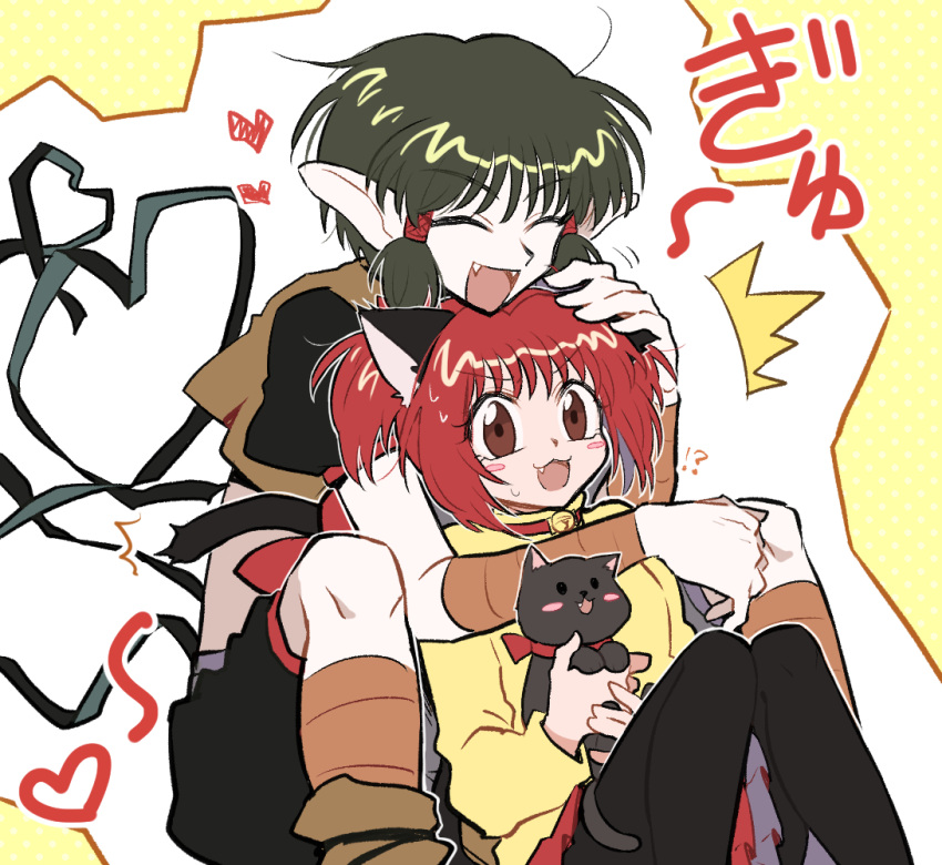 1boy 1girl :3 alternate_costume animal_ears blush brown_eyes cat_ears cat_tail closed_eyes commentary_request fang green_hair hand_on_another's_head hs1122 hug hug_from_behind momomiya_ichigo open_mouth pantyhose pointy_ears quiche_(tokyo_mew_mew) red_hair short_hair sitting stuffed_toy sweatdrop tail tears tokyo_mew_mew