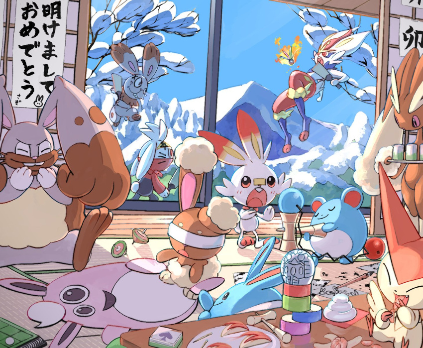 blindfold blush buneary bunnelby cinderace closed_eyes closed_mouth commentary_request day diggersby glass highres holding holding_tray indoors looking_down lopunny marill mountain mukiguri paintbrush painting_(object) pokemon pokemon_(creature) scorbunny sky smile table tray u_u victini wigglytuff window