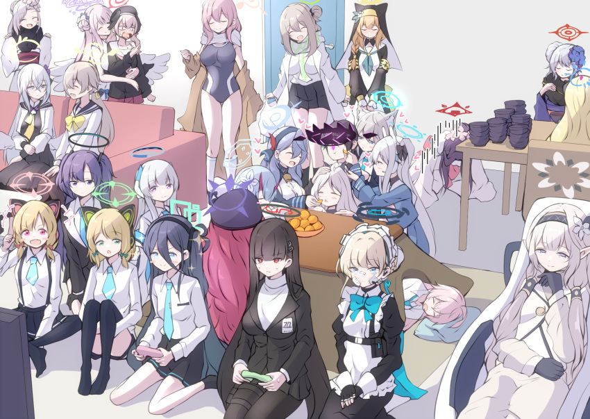 1boy 6+girls akari_(blue_archive) ako_(blue_archive) animal_ear_headphones animal_ears aris_(blue_archive) azusa_(blue_archive) black_hair black_hairband black_headwear black_skirt black_thighhighs black_wings blonde_hair blue_archive blue_eyes blue_necktie braid breasts cat_ear_headphones chise_(blue_archive) closed_mouth collared_shirt controller couch fake_animal_ears flower fur_collar fuuka_(blue_archive) fuuka_(new_year)_(blue_archive) game_controller grey_hair habit hair_between_eyes hair_bun hair_flower hair_ornament hairband halo hanako_(blue_archive) haruna_(blue_archive) haruna_(new_year)_(blue_archive) hat headphones heart hifumi_(blue_archive) highres himari_(blue_archive) hina_(blue_archive) holding holding_controller holding_game_controller horns hoshino_(blue_archive) iroha_(blue_archive) japanese_clothes juliet_sleeves kimono kneehighs koharu_(blue_archive) kotatsu large_breasts light_brown_hair long_hair long_sleeves looking_at_another lying maid maid_headdress mari_(blue_archive) midori_(blue_archive) mika_(blue_archive) momoi_(blue_archive) multiple_girls mutsuki_(blue_archive) mutsuki_(new_year)_(blue_archive) necktie noa_(blue_archive) nonomi_(blue_archive) nun official_alternate_costume on_side open_mouth pink_hair playing_games pointy_ears powered_wheelchair puffy_sleeves purple_hair purple_kimono red_eyes red_hair rio_(blue_archive) scarf school_swimsuit school_uniform sensei_(blue_archive) shiroko_(blue_archive) shirt short_hair single_side_bun sitting skirt sleeping smile socks standing swimsuit table thighhighs toki_(blue_archive) tonomiya68 wheelchair white_shirt white_socks white_wings wings yuuka_(blue_archive)