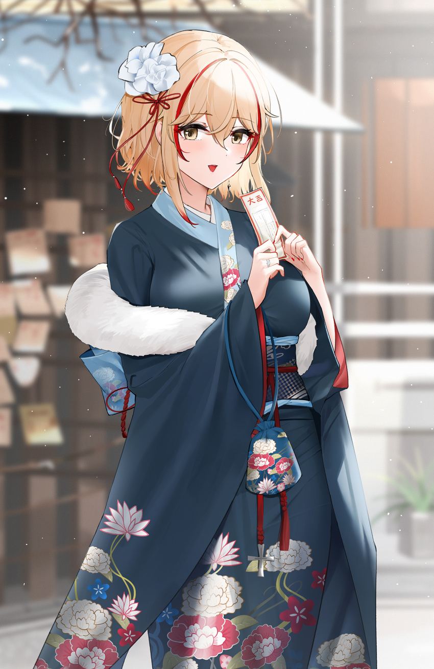 1girl :&gt; alternate_costume azur_lane bangs bare_tree blonde_hair blue_kimono blurry blurry_background breasts floral_print flower hair_between_eyes hair_flower hair_ornament highres japanese_clothes jewelry kimono kinchaku large_breasts looking_at_viewer multicolored_hair new_year obi obiage obijime omikuji open_mouth outdoors plant potted_plant pouch qing_wu red_hair ring roon_(azur_lane) sash short_hair sidelocks smile snow snowing solo standing streaked_hair tree wedding_ring yellow_eyes