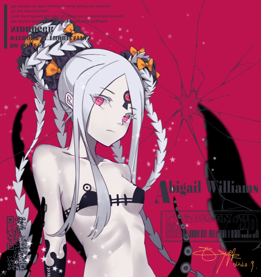1girl abigail_williams_(fate) abigail_williams_(swimsuit_foreigner)_(fate) alternate_breast_size bare_shoulders bikini black_bikini bow braid braided_bun breasts character_name check_commentary chinese_commentary collarbone colored_eyelashes commentary commentary_request dark_persona english_text expressionless fate/grand_order fate_(series) grey_hair hair_bun highres keyhole mixed-language_commentary navel nido_(sebamaster) orange_bow pale_skin pink_eyes polka_dot polka_dot_bow red_background signature small_breasts solo swimsuit tentacles third_eye