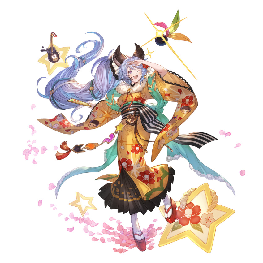 1girl ;d alpha_transparency animal_ears bangs blush facepaint full_body granblue_fantasy hagoita hair_between_eyes hair_ribbon hanetsuki holding japanese_clothes kimono long_hair long_sleeves minaba_hideo obi official_art one_eye_closed open_mouth paddle pony purple_eyes purple_hair ribbon sandals sash satyr_(granblue_fantasy) smile solo tabi transparent_background very_long_hair wide_sleeves