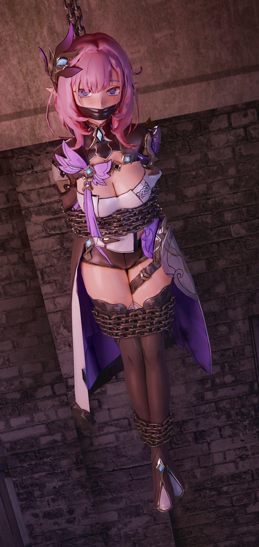 1girl absurdres armor armored_dress bdsm black_footwear black_shorts blue_eyes bondage boots bound bound_ankles bound_arms bound_legs bound_wrists breasts captured chain chained cleavage cleavage_cutout cloak clothing_cutout elysia_(honkai_impact) elysia_(miss_pink_elf)_(honkai_impact) gag gagged high_heels highres honkai_(series) honkai_impact_3rd improvised_gag kidnapped large_breasts long_hair low_ponytail non-web_source pants pink_hair pointy_ears robe shiny shiny_skin shirt short_shorts shorts tape tape_gag thick_thighs thigh_boots thighs tight tight_pants tight_shirt white_cloak white_robe white_shirt