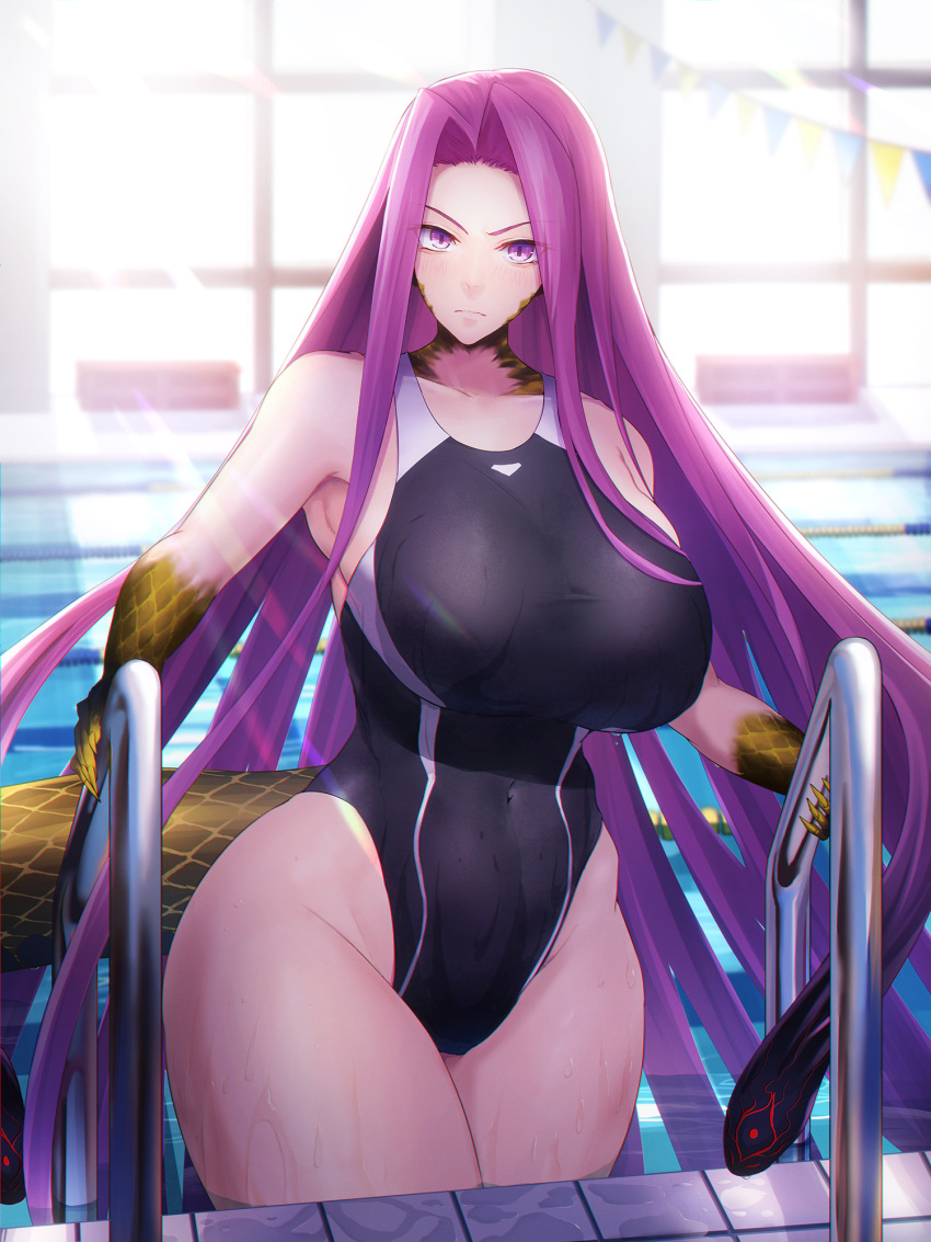 1girl bangs bare_shoulders black_one-piece_swimsuit breasts collarbone curvy fate/grand_order fate_(series) forehead gorgon_(fate) highleg highleg_swimsuit highres huge_breasts long_hair looking_at_viewer medusa_(fate) minami_koyogi one-piece_swimsuit parted_bangs pool poolside purple_eyes purple_hair sidelocks snake_hair solo swimsuit thighs very_long_hair