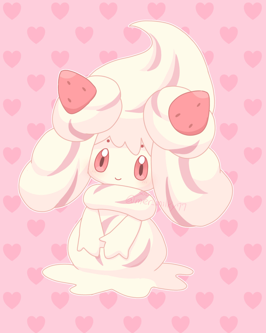 absurdres alcremie alcremie_(strawberry_sweet) blush closed_mouth commentary_request food fruit full_body heart heart_background highres meru_(mer_milky77) no_humans pink_background pokemon pokemon_(creature) smile solo strawberry watermark
