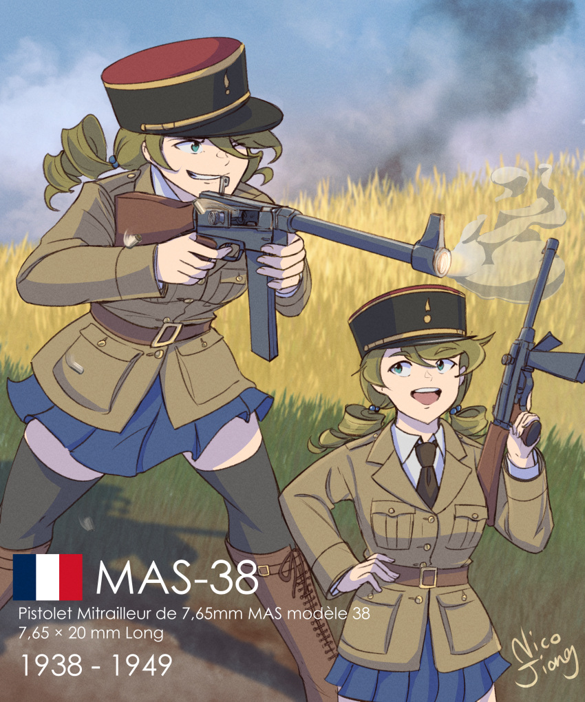 2girls absurdres aiming artist_name bangs belt black_headwear black_necktie black_socks blue_eyes blue_skirt boots brown_belt brown_footwear brown_hair clenched_teeth collared_shirt commentary cowboy_shot drill_hair feet_out_of_frame firing french_army french_flag french_text gold_trim gun hair_between_eyes hand_on_hip hat highres holding holding_gun holding_weapon kepi lapels legs_apart long_sleeves looking_ahead looking_to_the_side low_twintails mas-38 military military_hat military_jacket military_uniform miniskirt multicolored_clothes multicolored_headwear multiple_girls necktie nico_jiang notched_lapels one_eye_closed open_mouth original outdoors pleated_skirt pocket red_headwear shell_casing shirt skirt smoke socks soldier standing submachine_gun teeth translated twintails uniform upper_teeth_only weapon weapon_name white_shirt world_war_ii