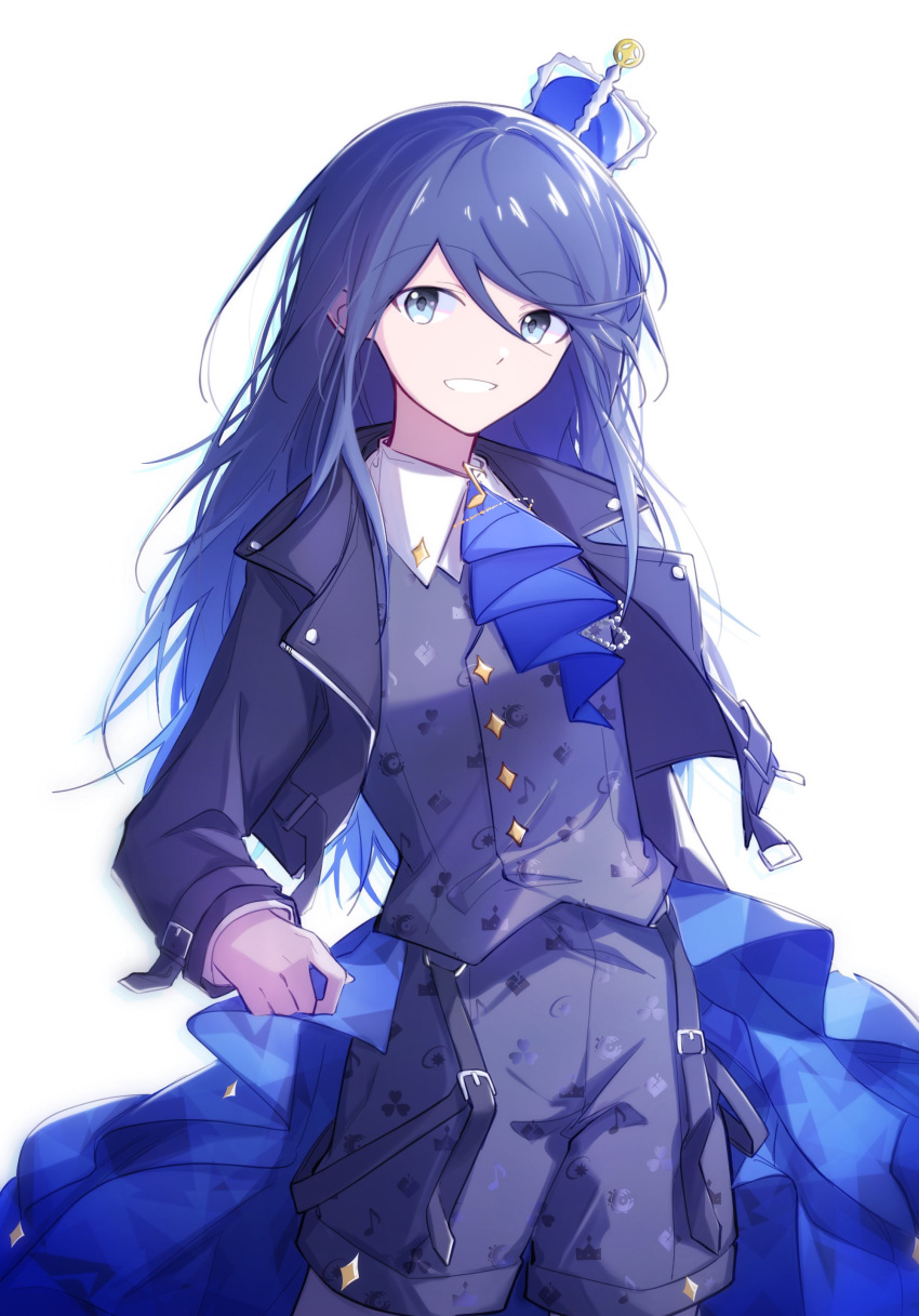 1girl absurdres arms_at_sides ascot bangs black_hair black_jacket black_shorts black_theme black_vest blue_ascot blue_cape blue_eyes blue_hair blue_theme brooch buttons cape clenched_hand collared_shirt colored_tips cowboy_shot cropped_jacket crown eighth_note gradient gradient_hair hibioes highres hoshino_ichika_(project_sekai) jacket jewelry light_blue_hair limited_palette long_hair looking_at_viewer mini_crown multicolored_hair musical_note musical_note_brooch open_clothes open_jacket project_sekai shiny shiny_hair shirt shorts simple_background smile solo suspender_shorts suspenders swept_bangs triangle_print tsurime unmoving_pattern vest waist_cape white_background white_shirt