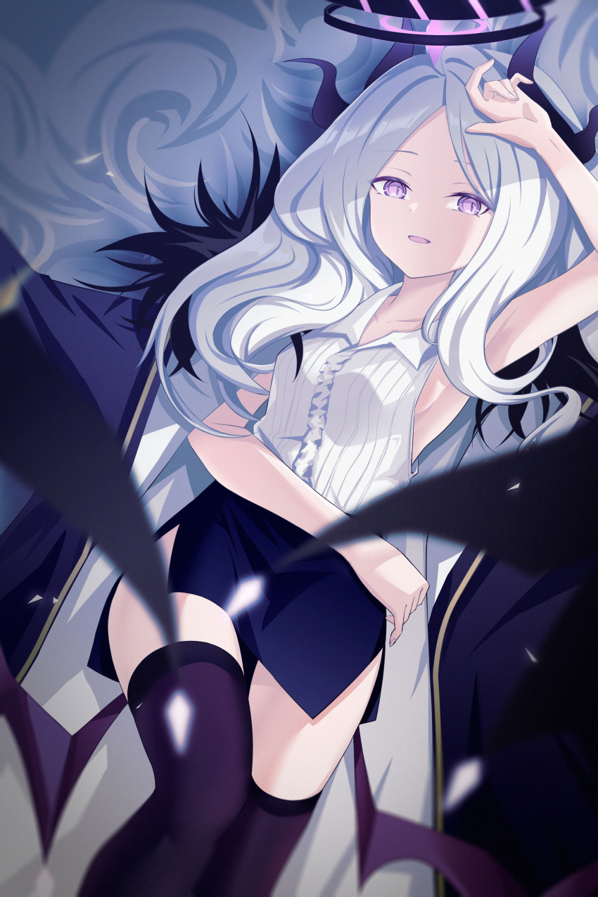 1152635131_(artist) 1girl absurdres armpits black_horns black_wings blue_archive blue_skirt blurry blurry_foreground breasts halo highres hina_(blue_archive) horns long_hair looking_at_viewer lying on_back open_mouth pencil_skirt purple_eyes purple_thighhighs shirt skirt sleeveless sleeveless_shirt small_breasts solo thighhighs white_hair white_shirt wings