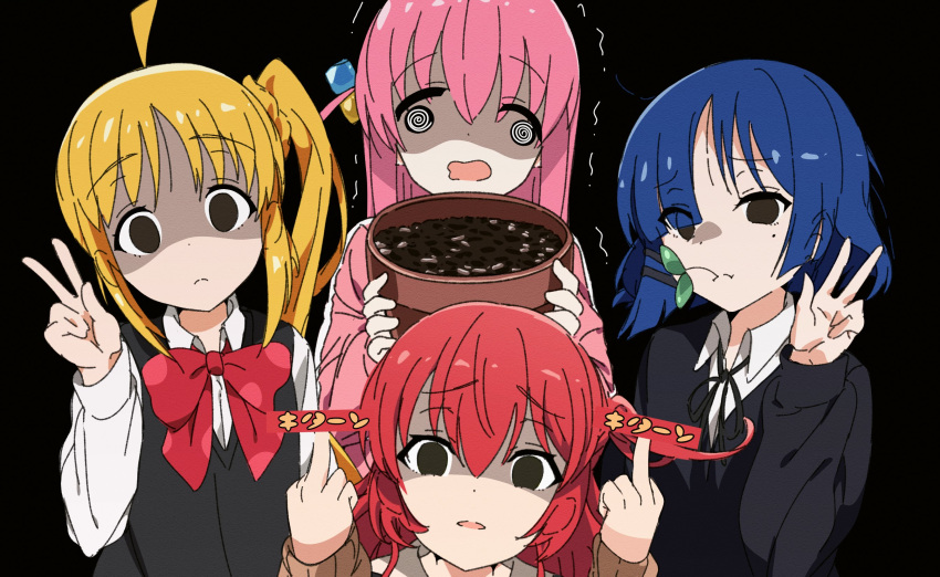 4girls 6_9 @_@ ahoge asian_kung-fu_generation black_background blonde_hair blue_eyes blue_hair bocchi_the_rock! commentary cube_hair_ornament double_middle_finger empty_eyes flower_pot gotou_hitori goumonsha green_eyes hair_ornament highres ijichi_nijika kita_ikuyo long_hair middle_finger mole mole_under_eye multiple_girls one_side_up parody pink_hair plant potted_plant red_hair school_uniform shaded_face side_ponytail simple_background v yamada_ryou yellow_eyes