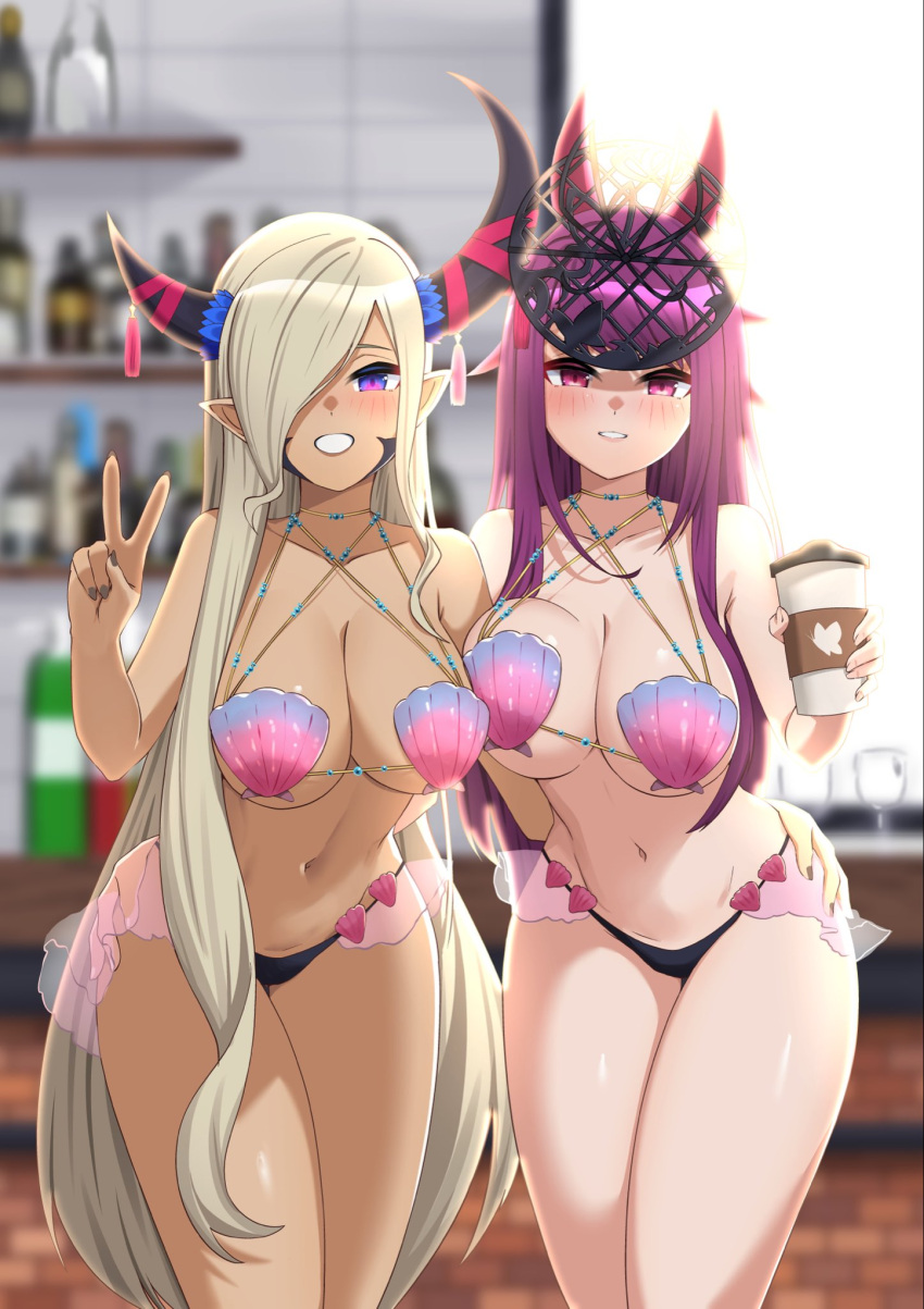 2girls asymmetrical_horns bangs bare_shoulders black_nails blonde_hair blue_eyes blush breast_press breasts cafe cleavage coffee_cup commission corrin_(fire_emblem) corrin_(fire_emblem)_(female) corrin_(fire_emblem)_(female)_(cosplay) cosplay cup disposable_cup dragon_girl fire_emblem fire_emblem_engage fire_emblem_fates grey_horns hair_ornament hair_over_one_eye hand_on_another's_hip highres holding horns ivy_(fire_emblem) large_breasts long_hair mature_female multiple_girls oppaihobby pointy_ears purple_eyes purple_hair purple_ribbon revealing_clothes ribbon shell shell_bikini smile tan tassel tassel_hair_ornament thighs v very_long_hair zephia_(fire_emblem)