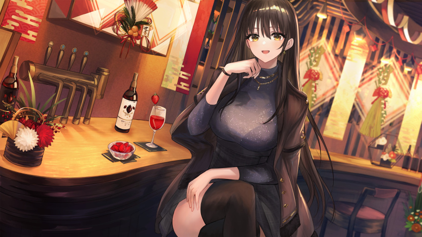 1girl alcohol bangs bar_(place) black_skirt black_thighhighs blush bottle bra_visible_through_clothes breasts brown_coat brown_eyes brown_hair coat coat_on_shoulders crossed_legs cup diesel_(black_sunday)_(nikke) diesel_(nikke) drinking_glass earrings goddess_of_victory:_nikke grey_sweater high-waist_skirt highres jazztaki jewelry large_breasts long_hair long_sleeves looking_at_viewer necklace open_mouth see-through sidelocks sitting skirt smile solo sweater thighhighs wine wine_bottle wine_glass