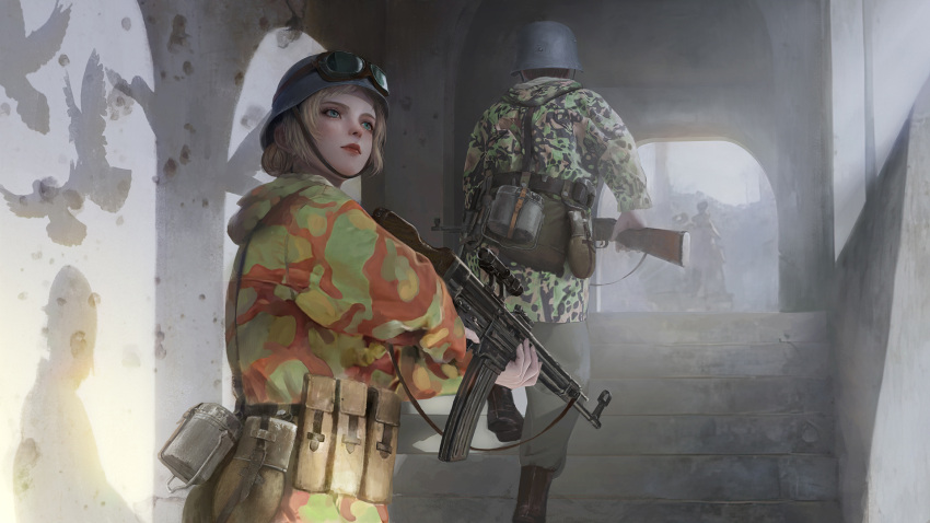 1boy 1girl assault_rifle bird blonde_hair blue_eyes bolt_action camouflage day finger_on_trigger gun hair_bun helmet highres holding holding_gun holding_weapon jacket long_sleeves mauser_98 military military_uniform original rifle shadow solo_focus stg44 uniform weapon world_war_ii xianggang_jizhe