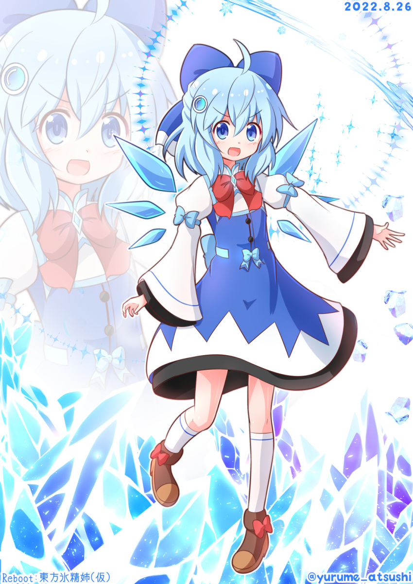 1girl adapted_costume ahoge alternate_costume blue_eyes blue_hair blush boots bow bowtie cirno copyright_name dated dress footwear_bow hair_bow hair_ornament highres ice ice_wings kneehighs open_mouth pigeon-toed short_hair socks solo standing standing_on_one_leg touhou twitter_username wings yurume_atsushi