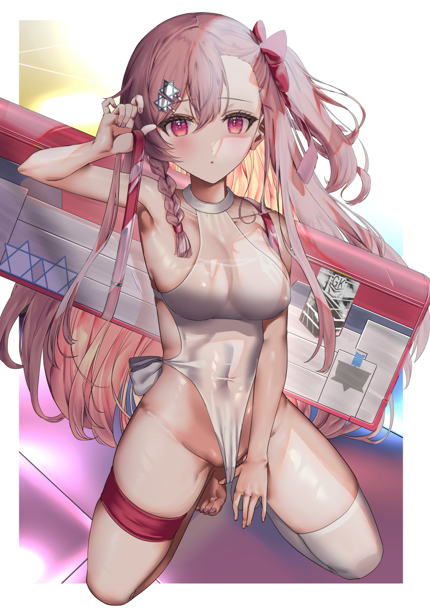 1girl :o absurdres armpits backpack bag bangs bare_arms bare_hips barefoot blush bow braid breasts clothes_pull collarbone covered_navel fingernails framed fujisaki_eru girls'_frontline groin hair_between_eyes hair_bow hair_ornament hairclip hexagram highleg highleg_swimsuit highres holding holding_strap large_breasts long_hair looking_at_viewer negev_(girls'_frontline) negev_(little_drifter)_(girls'_frontline) one-piece_swimsuit one-piece_swimsuit_pull partially_visible_vulva pink_eyes pink_hair red_bow side-tie_swimsuit side_ponytail single_thighhigh solo squatting star_(symbol) star_hair_ornament star_of_david swimsuit thigh_strap thighhighs thighs toenails toes visible_ears weapon_bag wet wet_clothes wet_swimsuit white_one-piece_swimsuit