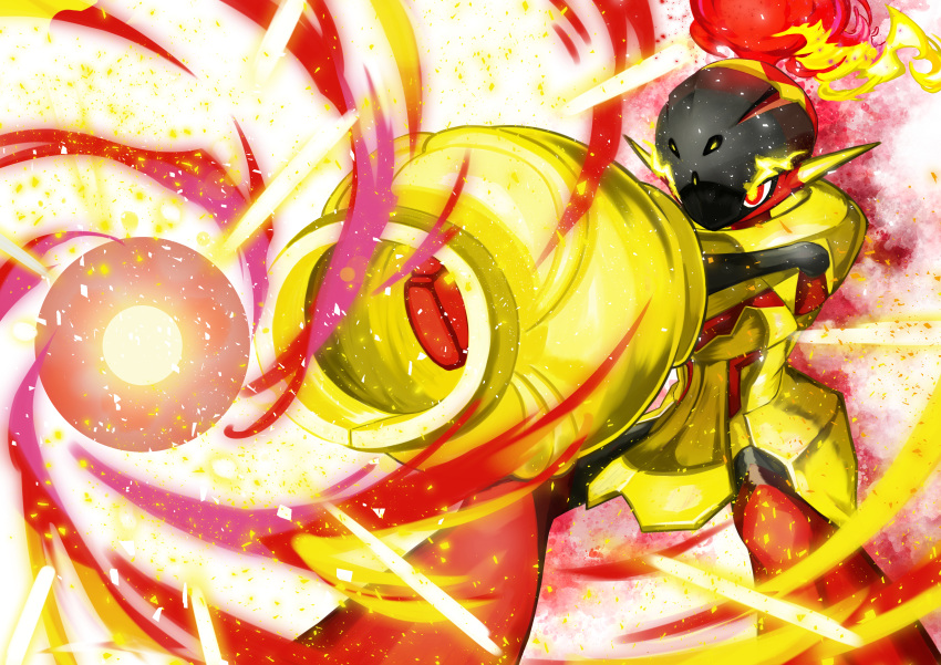 absurdres armarouge commentary_request energy_ball eye_trail fire flaming_eyes highres legs_apart light_trail no_humans pokemon pokemon_(creature) red_eyes riki_(rikixriki07) solo white_background yellow_pupils