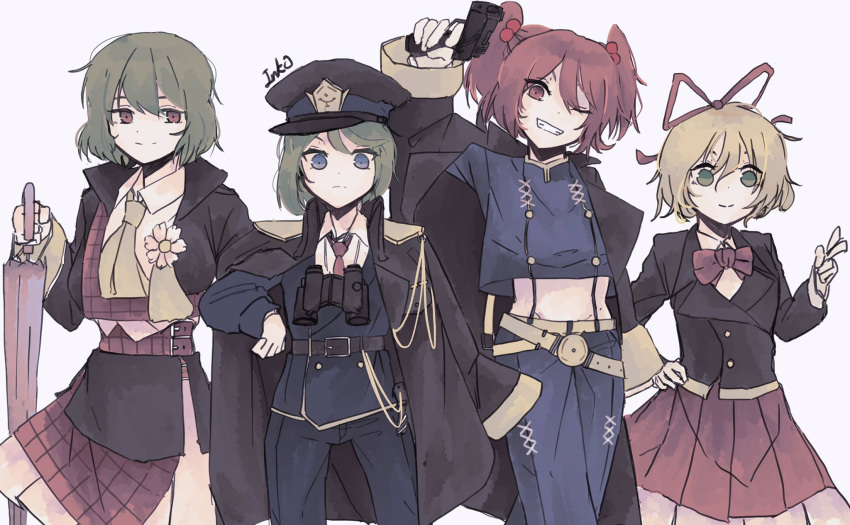 4girls alternate_costume ascot bangs binoculars black_jacket black_pants blonde_hair blue_eyes blue_pants blue_shirt bow bowtie closed_mouth coat coat_on_shoulders collared_shirt commentary_request cowboy_shot crop_top d_ink0 flower frown green_eyes green_hair grin groin gun hair_bobbles hair_ornament handgun highres holding holding_gun holding_weapon jacket kazami_yuuka korean_commentary long_sleeves looking_at_viewer medicine_melancholy midriff multiple_girls necktie onozuka_komachi pants phantasmagoria_of_flower_view pink_flower plaid plaid_skirt plaid_vest red_bow red_bowtie red_eyes red_hair red_necktie red_skirt red_vest shiki_eiki shirt short_hair simple_background skirt skirt_set smile touhou touhou_lost_word two_side_up vest weapon white_background white_shirt yellow_ascot