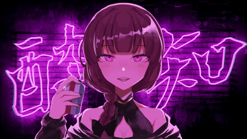 1girl alcohol bangs bare_shoulders biwotq black_bow black_nails black_shirt blunt_bangs blush bocchi_the_rock! bow braid breasts cleavage cleavage_cutout clothing_cutout dark_background hair_bow hair_over_shoulder halter_shirt halterneck highres hiroi_kikuri holding_carton juice_box kanji long_hair long_sleeves looking_at_viewer low-braided_long_hair nail_polish neon_lights open_mouth purple_eyes purple_hair ringed_eyes sake sake_carton shirt single_braid small_breasts solo teeth text_background upper_body yoidore_shirazu_(vocaloid)