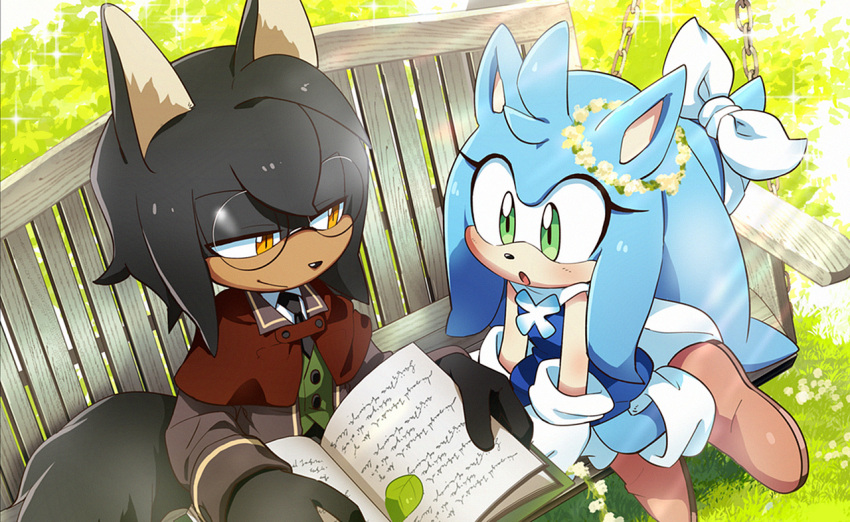 black_hair blue_dress blue_hair book brown_eyes dress flower furry glasses green_eyes hair_flower hair_ornament hirata_(pixiv560828) holding holding_book mobian open_mouth original reading sitting_on_bench smile sonic_(series)