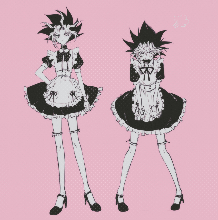 2boys alternate_costume apron atem bangs blush closed_mouth collar collared_dress dress embarrassed enmaided full_body high_heels highres looking_at_viewer maid maid_apron male_focus multicolored_hair multiple_boys mutou_yuugi neck_ribbon ototoi_kuru pink_background puffy_short_sleeves puffy_sleeves ribbon shoes short_sleeves standing thighhighs two-tone_hair wrist_cuffs yu-gi-oh! zettai_ryouiki