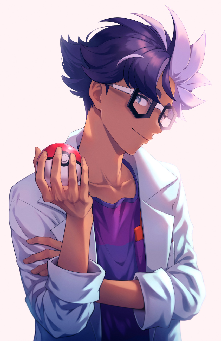 1boy absurdres bangs black-framed_eyewear closed_mouth coat collarbone commentary_request glasses grey_eyes hand_up highres holding holding_poke_ball jacq_(pokemon) maki_(letusgomaki) male_focus open_clothes open_coat poke_ball poke_ball_(basic) pokemon pokemon_(game) pokemon_sv purple_hair purple_shirt shirt short_hair simple_background smile solo striped striped_shirt upper_body white_background