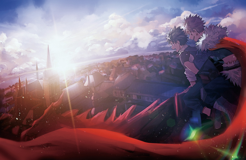 2boys absurdres alternate_universe atmospheric_perspective bakugou_katsuki belt_pouch black_gloves bloom blurry boku_no_hero_academia boots building cape chinese_commentary cloud cloudy_sky commentary depth_of_field diffraction_spikes dragon_riding dutch_angle earrings eyes_visible_through_hair fantasy fisheye floating_cape flying freckles fur-trimmed_cape fur_trim gloves green_hair hand_on_another's_shoulder high_collar highres house jewelry juanchun818 knee_boots knee_pads lens_flare light_particles magatama magatama_earrings male_focus medieval midoriya_izuku multiple_boys official_alternate_costume open_mouth pants perspective pouch profile rainbow_gradient red_cape red_footwear shirt sky smile spiked_hair straddling teeth upper_teeth_only white_shirt wide_shot