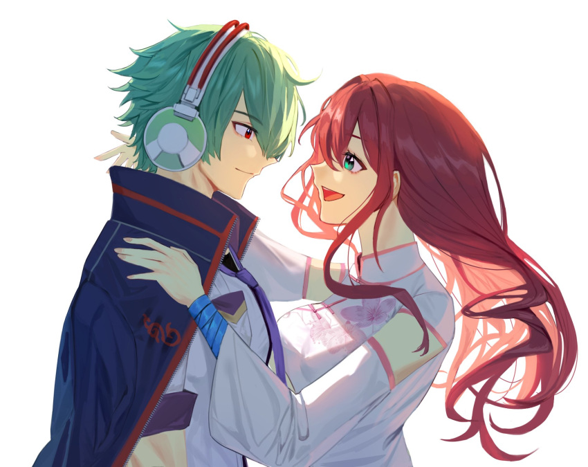 1boy 1girl bangs collared_shirt couple dan_koflove eye_contact face-to-face green_eyes headphones hetero highres jacket jacket_on_shoulders jacket_over_shoulder jacket_removed long_hair looking_at_another necktie open_clothes original red_eyes red_hair school_uniform shirt short_hair shun'ei smile the_king_of_fighters the_king_of_fighters_xiv