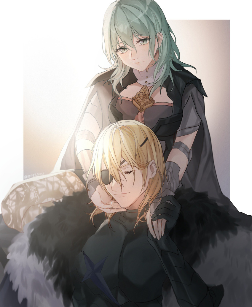 1boy 1girl absurdres blonde_hair breasts byleth_(fire_emblem) byleth_(fire_emblem)_(female) cape cloak closed_eyes dimitri_alexandre_blaiddyd eyepatch fire_emblem fire_emblem:_three_houses fur-trimmed_cloak fur_trim green_eyes green_hair grey_cape hair_between_eyes hand_on_another's_chin highres holding_hands medium_breasts medium_hair oretsuu smile upper_body