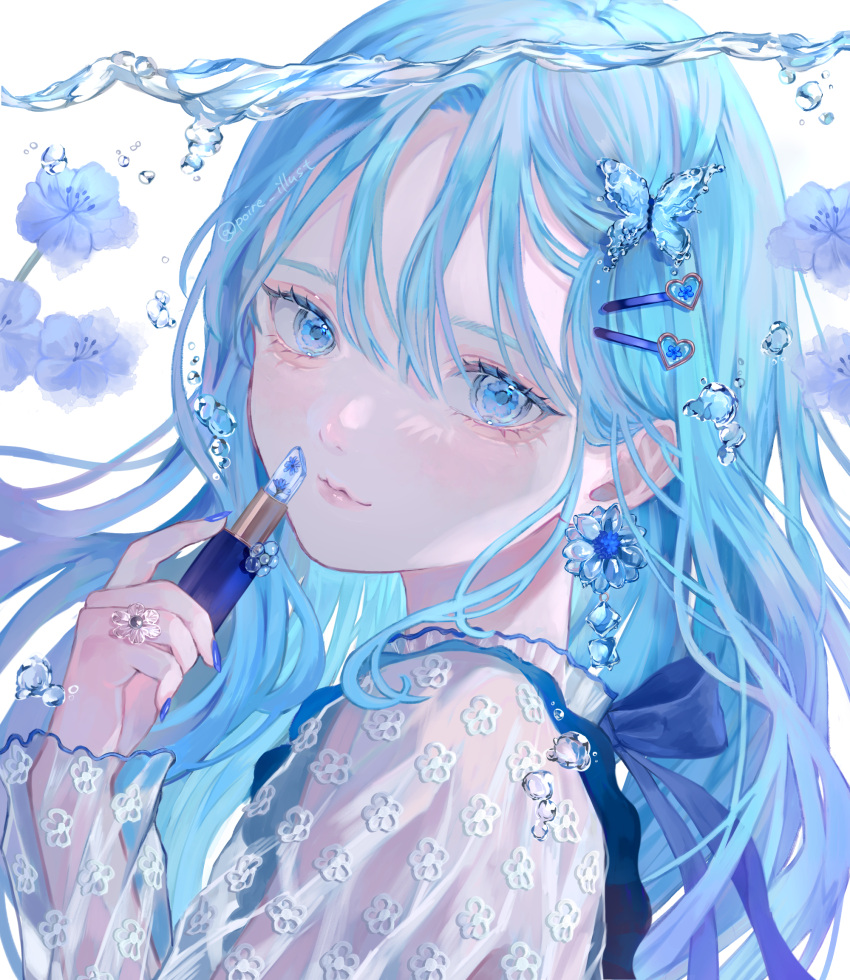 1girl blue_eyes blue_flower blue_hair blue_nails blue_theme butterfly_hair_ornament closed_mouth earrings flower hair_between_eyes hair_ornament hairpin highres holding jewelry light_smile lipstick long_hair long_sleeves looking_at_viewer makeup original powa_(36iii) twitter_username underwater water