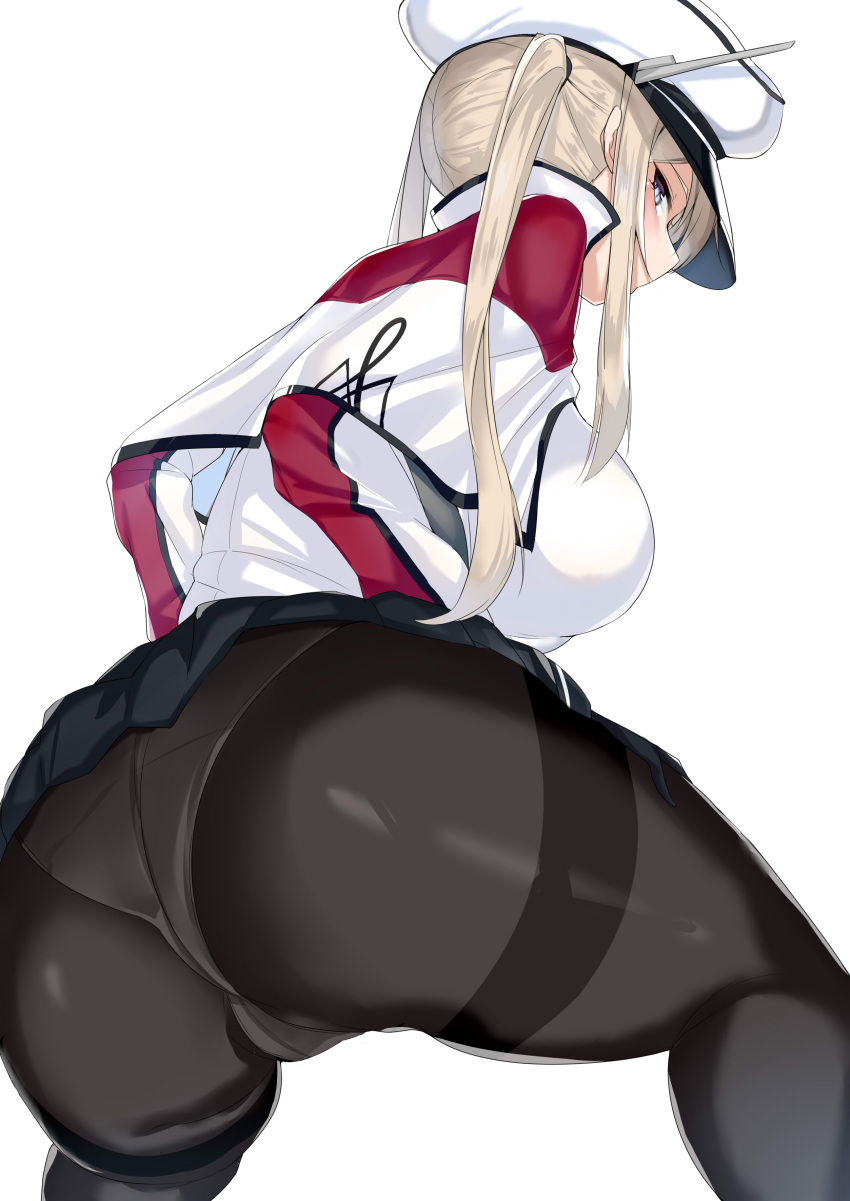 1girl absurdres ass black_pantyhose blue_eyes blush breasts commentary_request graf_zeppelin_(kancolle) hat highres kantai_collection large_breasts long_hair long_sleeves looking_at_viewer looking_back maruyaa_(malya1006) pantyhose sidelocks simple_background solo thighband_pantyhose thighs twintails white_background white_headwear