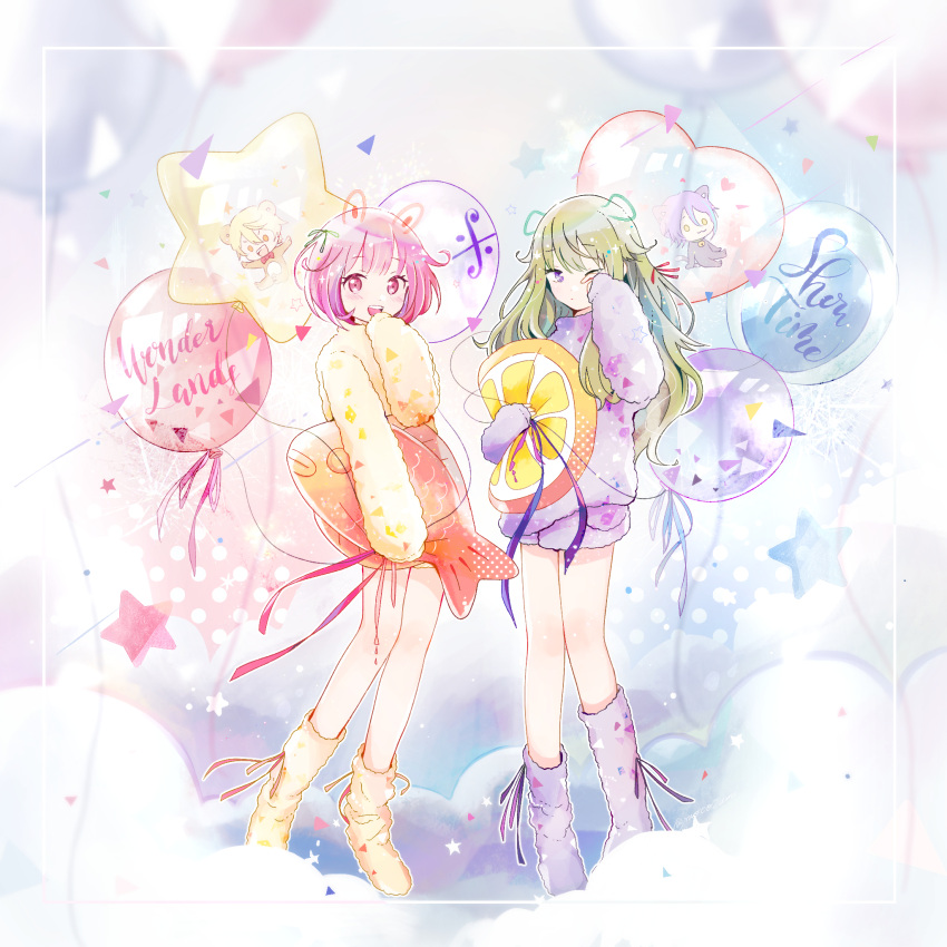 2girls balloon bangs bare_legs closed_mouth drawn_ears food fruit full_body green_hair highres kamishiro_rui kusanagi_nene long_hair long_sleeves momomo_(m0_3) multiple_girls one_eye_closed ootori_emu open_mouth pink_hair project_sekai purple_ribbon ribbon short_hair sleeves_past_fingers sleeves_past_wrists stuffed_toy teeth tenma_tsukasa upper_teeth_only wonderlands_x_showtime_(project_sekai)