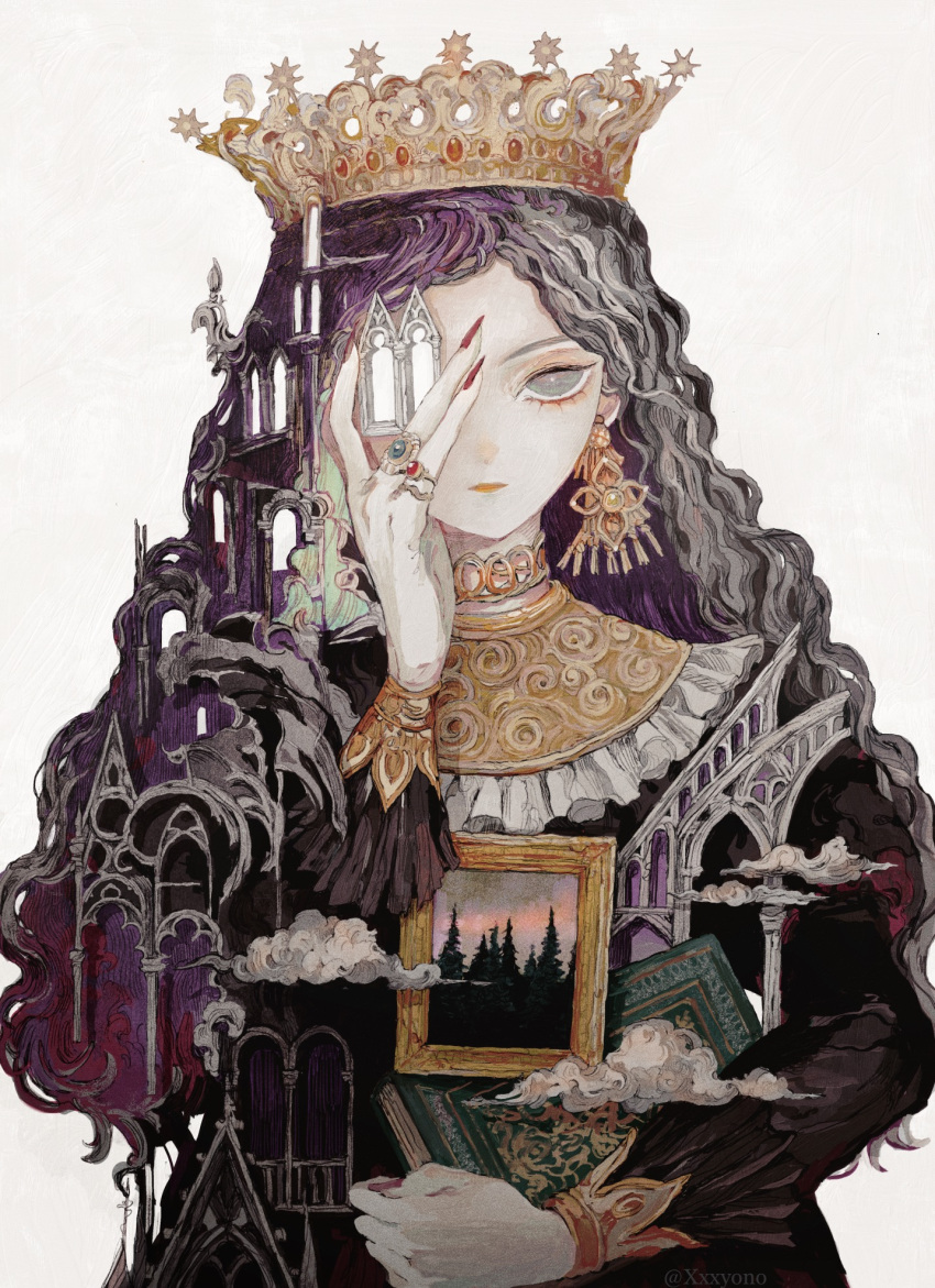 1girl book closed_mouth crown earrings fingernails frills gothic grey_eyes highres holding holding_book holding_photo jewelry long_hair long_sleeves looking_at_viewer one_eye_covered original photo_(object) red_nails ring sharp_fingernails shisu_tk simple_background